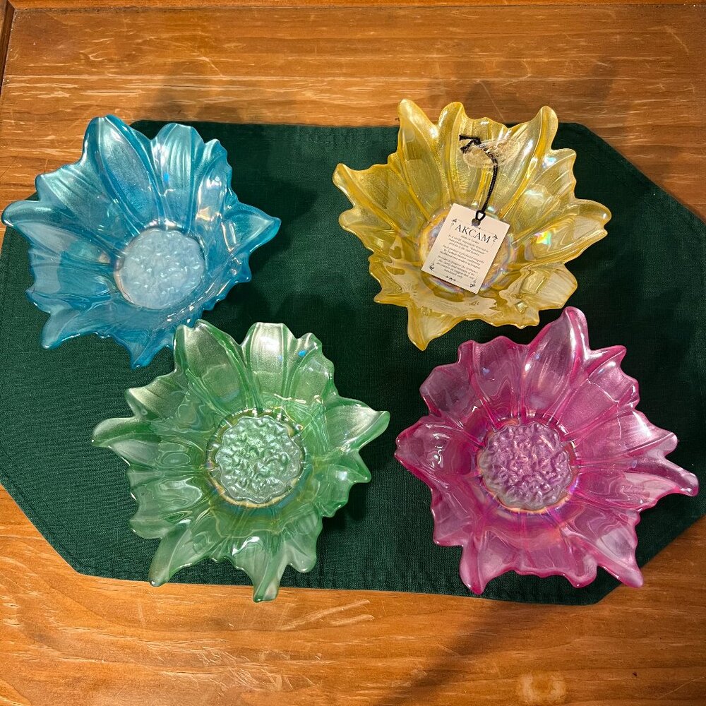 Handmade Turkey Akcam Iridescent Frosted Glass Flower Bowls Candle Holders